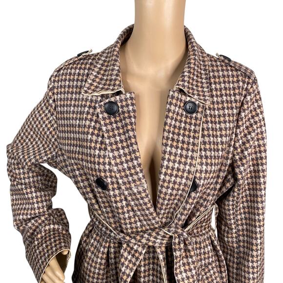 Anthropologie Solitaire Faux Suede Houndstooth Belted Trench Coat SZ L - Picture 3 of 8